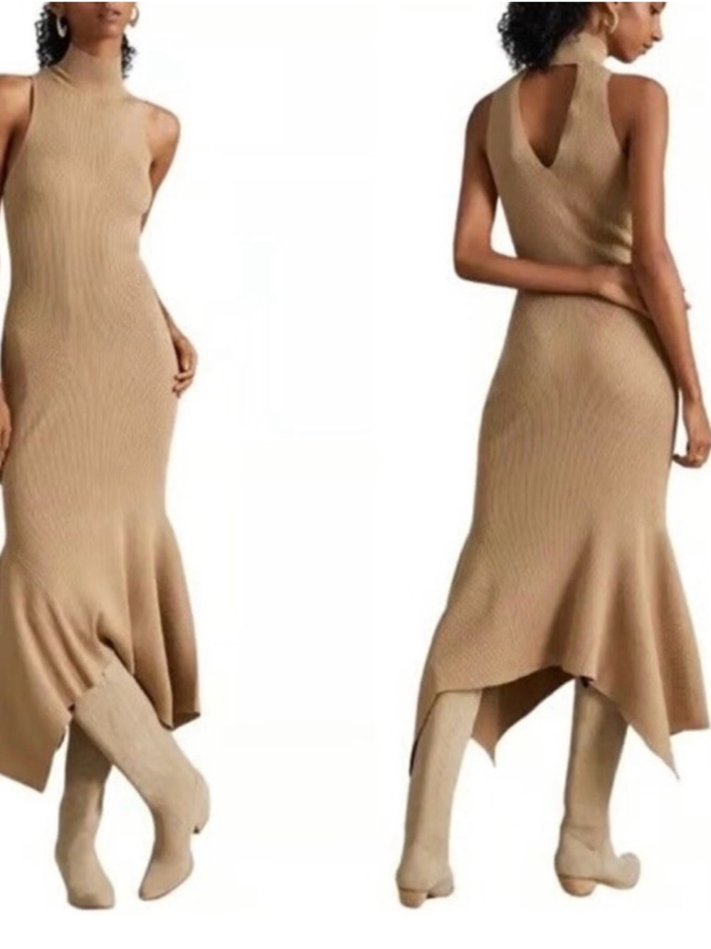 Anthropologie Ribbed High-Neck High-Low Knit Dress in Camel